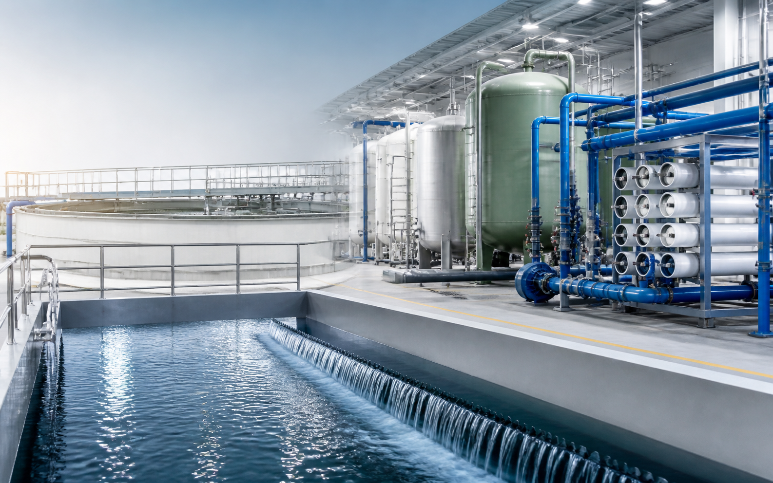 ETP and STP water treatment plant equipment with tanks, clarifiers, and filtration vessels